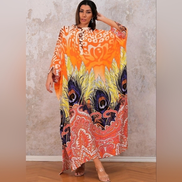 Echrise-NY Dresses & Skirts - NWT Orange Multicolor Floral & Peacock Print Kaftan